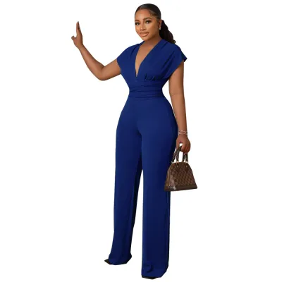 Women Fashion Casual Solid Color V-Neck Sleeveless Slim-Fit Jumpsuit