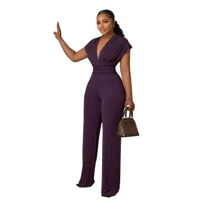 Women Fashion Casual Solid Color V-Neck Sleeveless Slim-Fit Jumpsuit