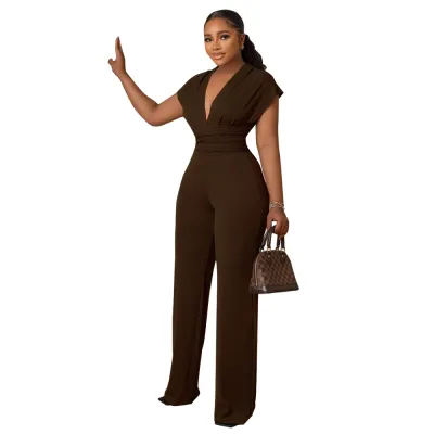 Women Fashion Casual Solid Color V-Neck Sleeveless Slim-Fit Jumpsuit