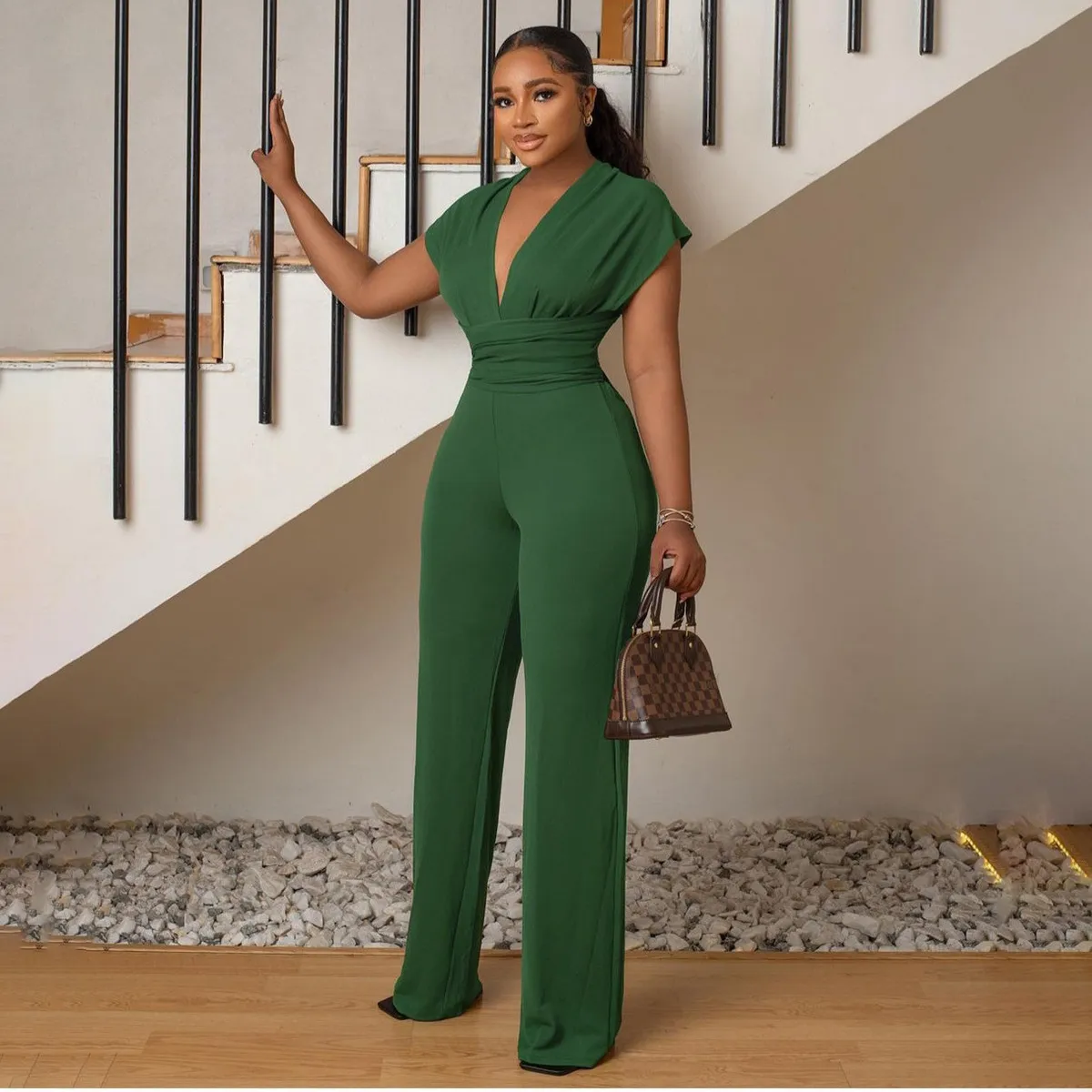 Women Fashion Casual Solid Color V-Neck Sleeveless Slim-Fit Jumpsuit
