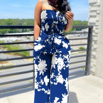 Women Fashion Casual Elegant Printed Sleeveless Slim Fit Lace-Up Jumpsuits