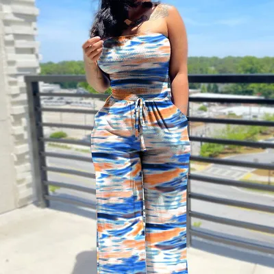 Women Fashion Casual Elegant Printed Sleeveless Slim Fit Lace-Up Jumpsuits