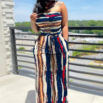 Women Fashion Casual Elegant Printed Sleeveless Slim Fit Lace-Up Jumpsuits