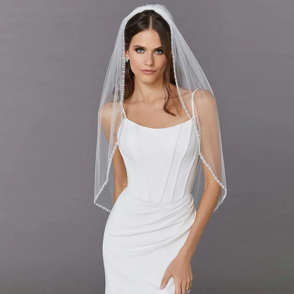 Bridal Simple Veil Hand-Stitched Crystal Pearl Edging Wedding Hair Accessories