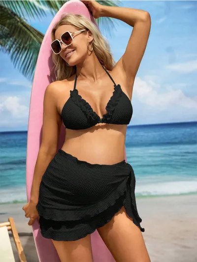 Pregnant Women Sexy Solid Color Ruffled Halter-Neck Lace-Up Bikini Swimsuit Three-Piece Set