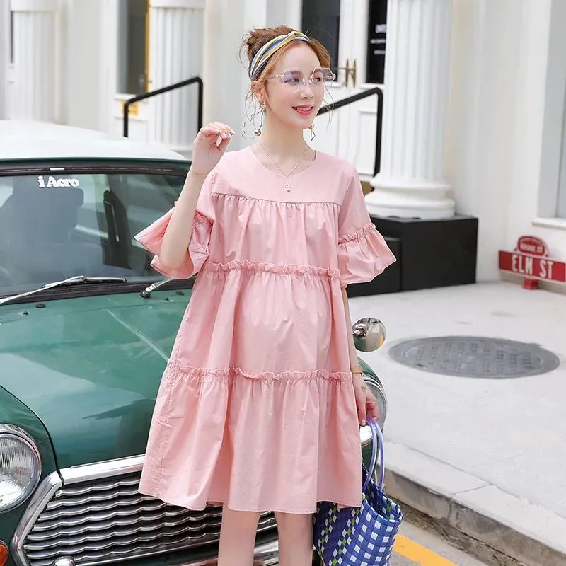 Pregnant Women Casual Loose Ruffled Stitching Short-Sleeve Midi Dress