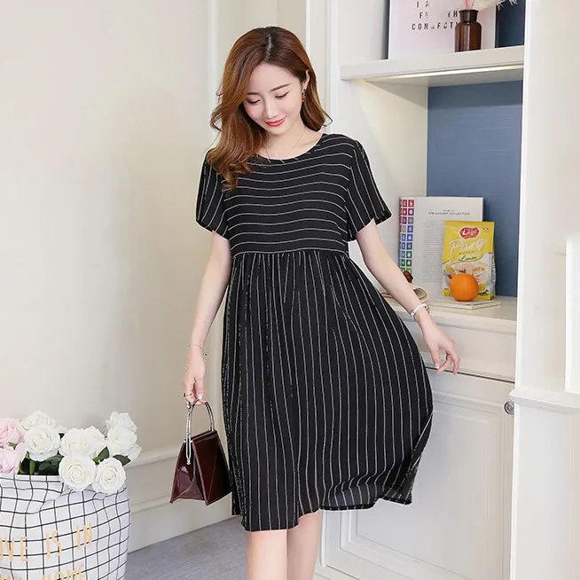 Pregnant Women Casual Stripe Lapel Short-Sleeve Lace-Up Loose Maternity Dress