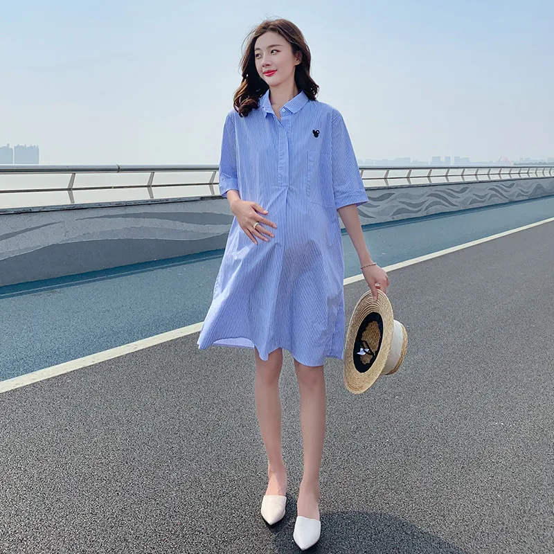 Pregnant Women Casual Stripe Shirt Collar Half-Sleeve Loose Midi Dress