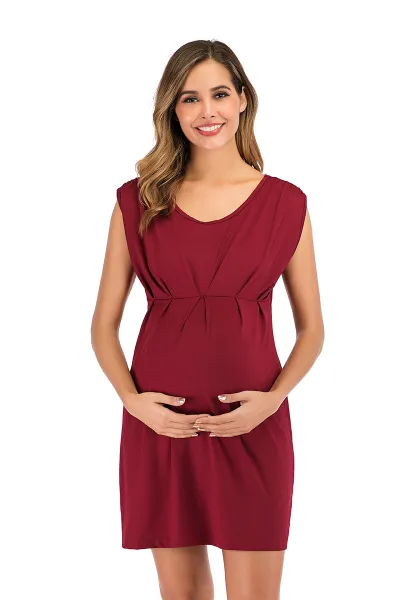Maternity Casual Sleeveless Pleated Dress in Solid Color with Crewneck