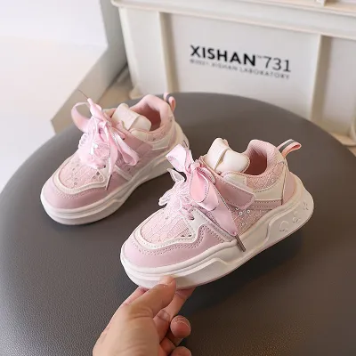 Girls Kids Casual Velcro Butterfly Thick-Soled Sneakers with Lace-Up Closure