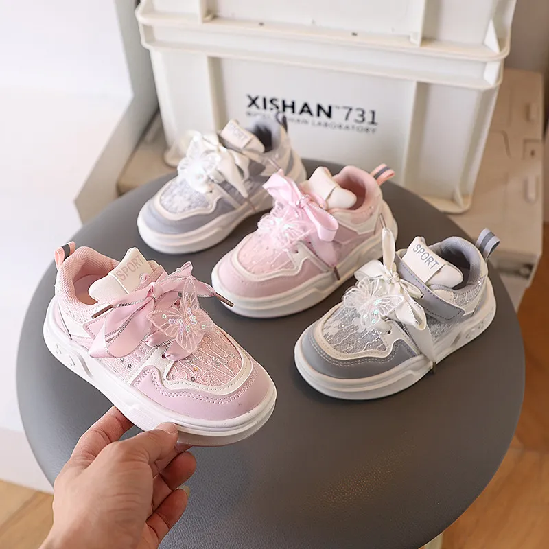 Girls Kids Casual Velcro Butterfly Thick-Soled Sneakers with Lace-Up Closure
