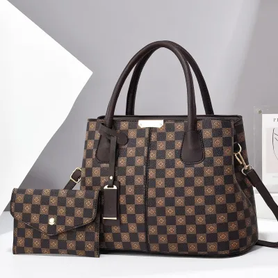 Women Fashion Casual Rhombus Printed Large Capacity PU Handbag Two-Piece Set
