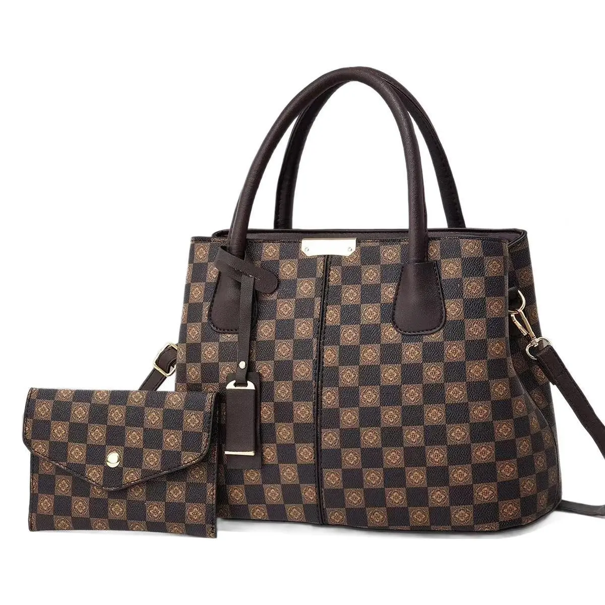 Women Fashion Casual Rhombus Printed Large Capacity PU Handbag Two-Piece Set