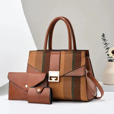 Women's Fashion Casual Color Block Stripe PU Handbag Three-Piece Set