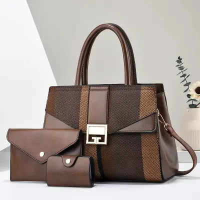 Women's Fashion Casual Color Block Stripe PU Handbag Three-Piece Set