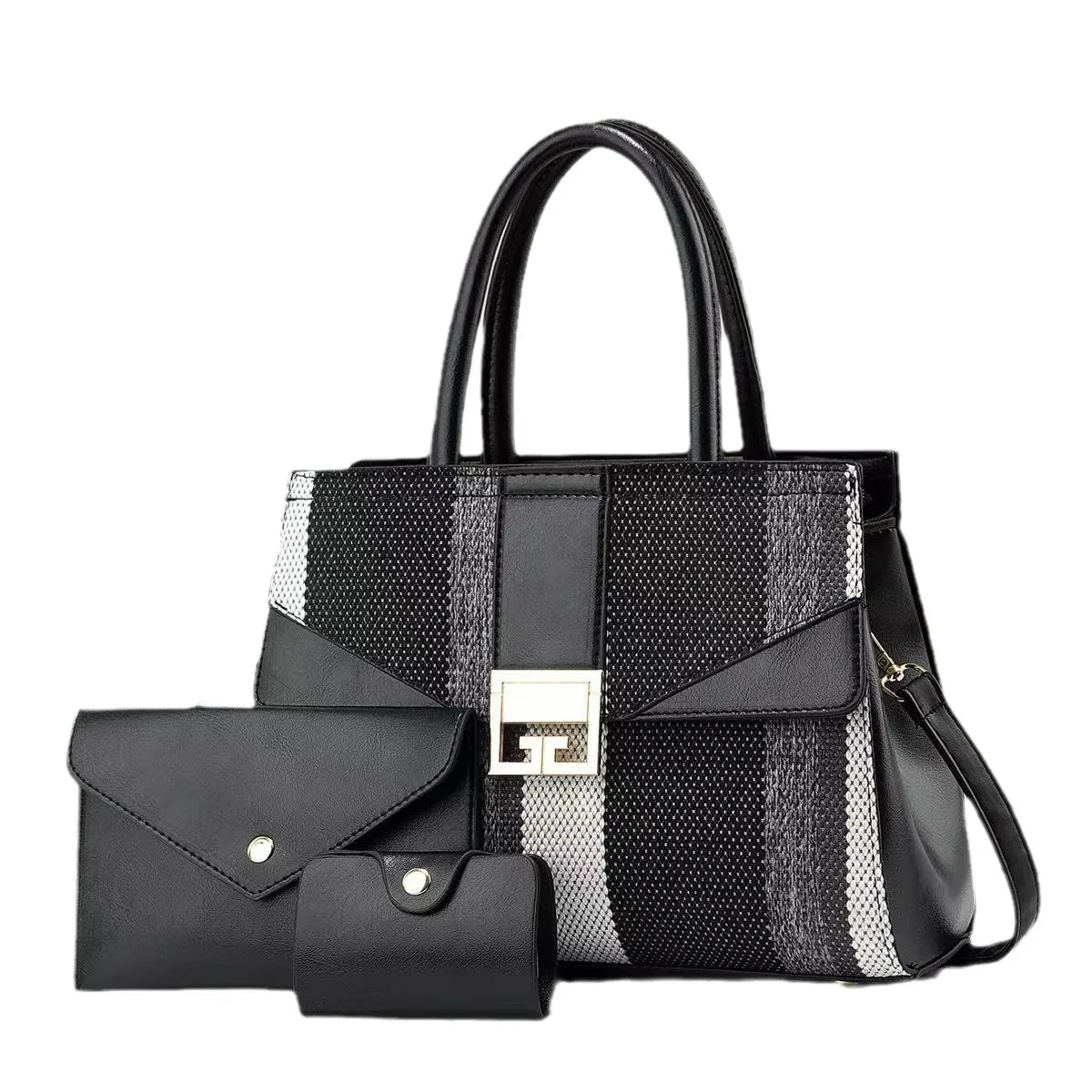 Women's Fashion Casual Color Block Stripe PU Handbag Three-Piece Set