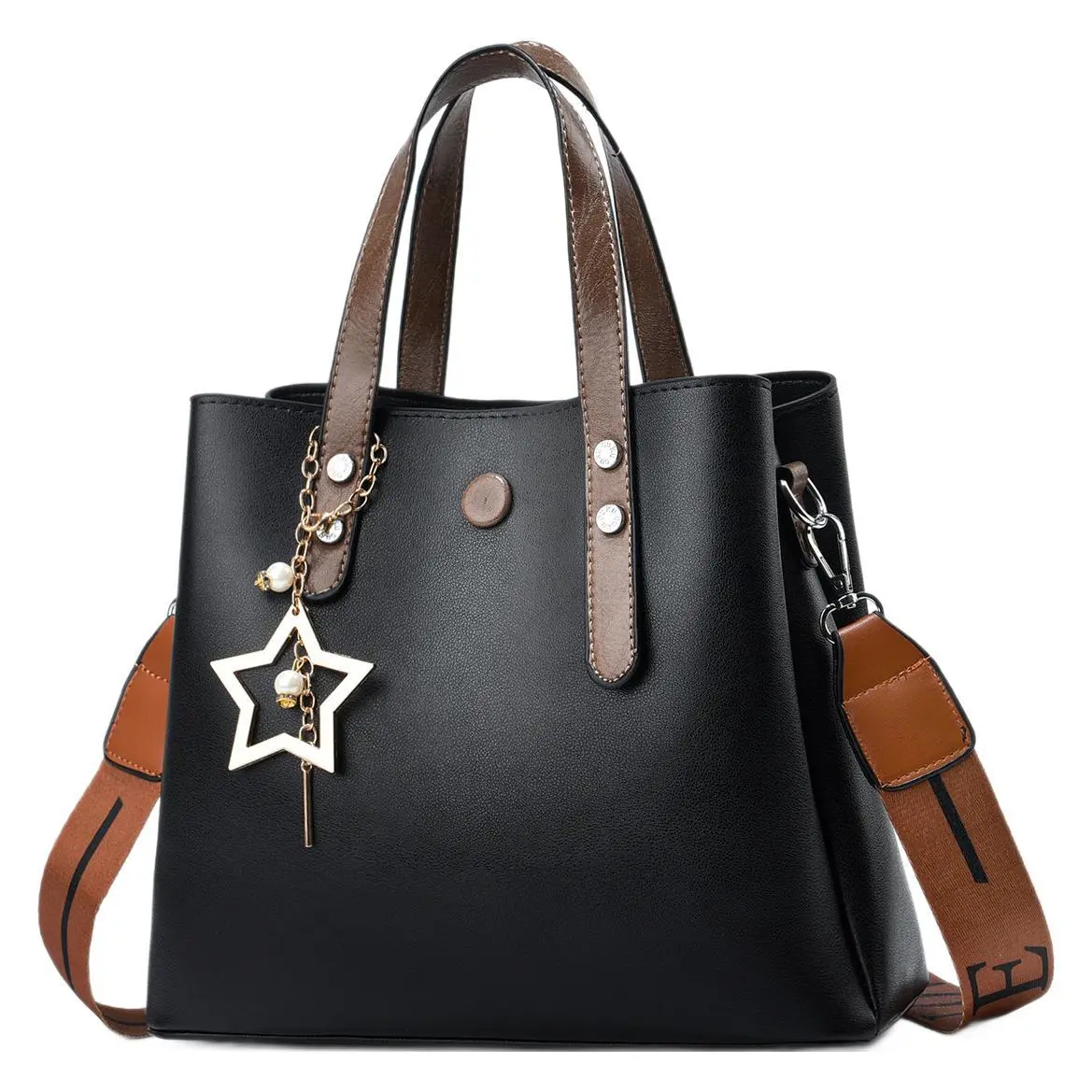 Women Fashion Simple Solid Color Large Capacity Star Pendant Bucket Handbag PU