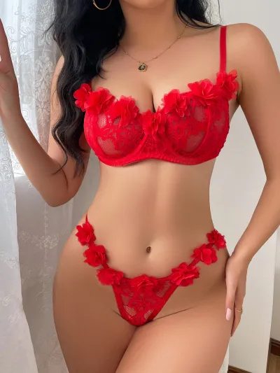 Women Fashion Pink Floral Lace Thong Sexy Lingerie Set