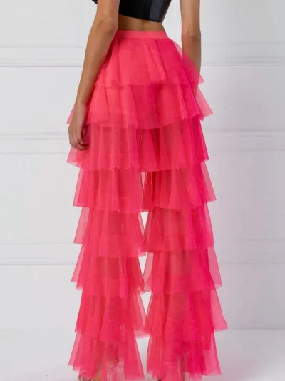 Women Casual Solid Color Loose High Waist Multilayer Mesh Ruffled Big Horn Pants