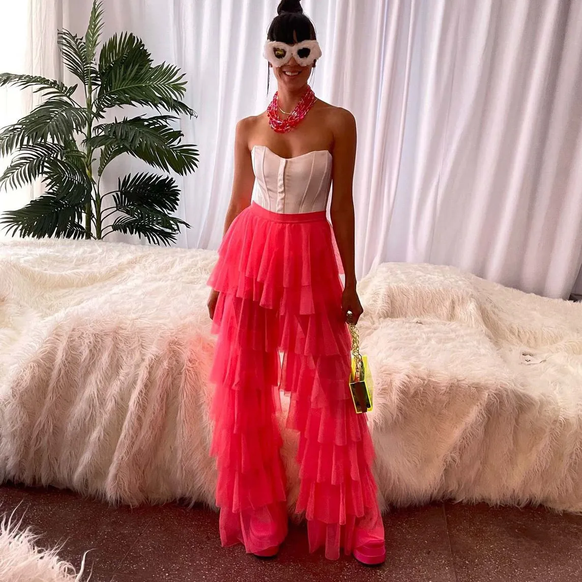 Women Casual Solid Color Loose High Waist Multilayer Mesh Ruffled Big Horn Pants