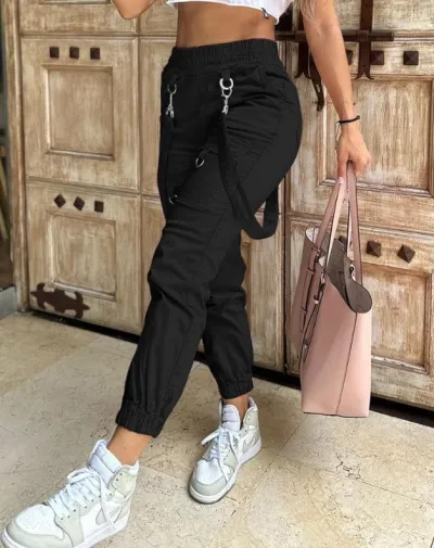 Women Casual Solid Color Multi-Pocket High Waist Slim-Fit Overalls Pants