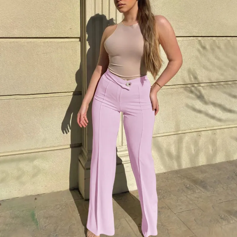 Women Casual Solid Color Wide Leg High Waist Slim Fit Pants