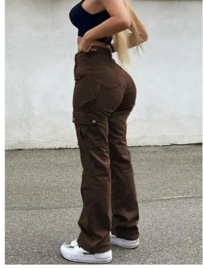Women Casual Cotton Stretch Loose Fit Solid Color Multi-Pocket Pants