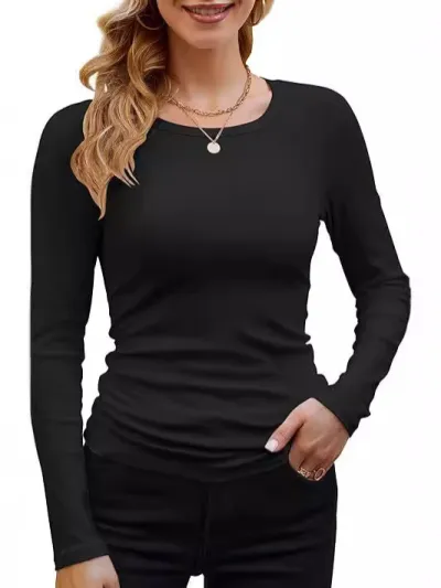 Women Casual Ribbed Viscose Solid Color Round Neck Long Sleeve T-Shirt