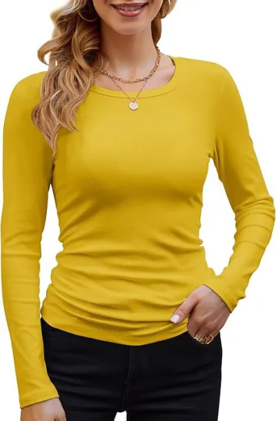 Women Casual Ribbed Viscose Solid Color Round Neck Long Sleeve T-Shirt
