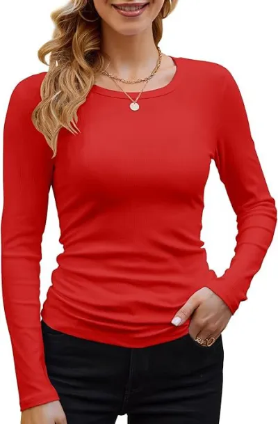 Women Casual Ribbed Viscose Solid Color Round Neck Long Sleeve T-Shirt