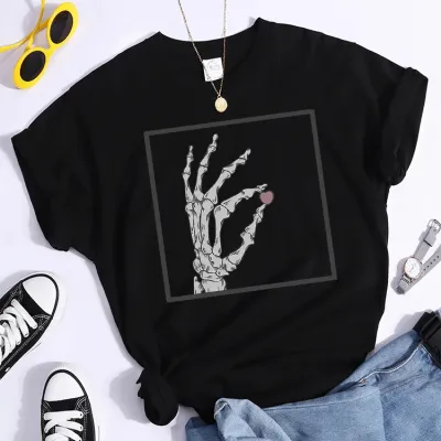 Women Casual Skull Hand Print Round Neck Short-Sleeve T-Shirt