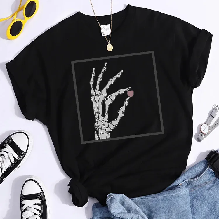 Women Casual Skull Hand Print Round Neck Short-Sleeve T-Shirt