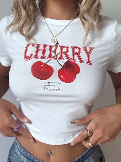 Women Fashion Sexy Cherry Print Short-Sleeve Slim-Fit Crop Top