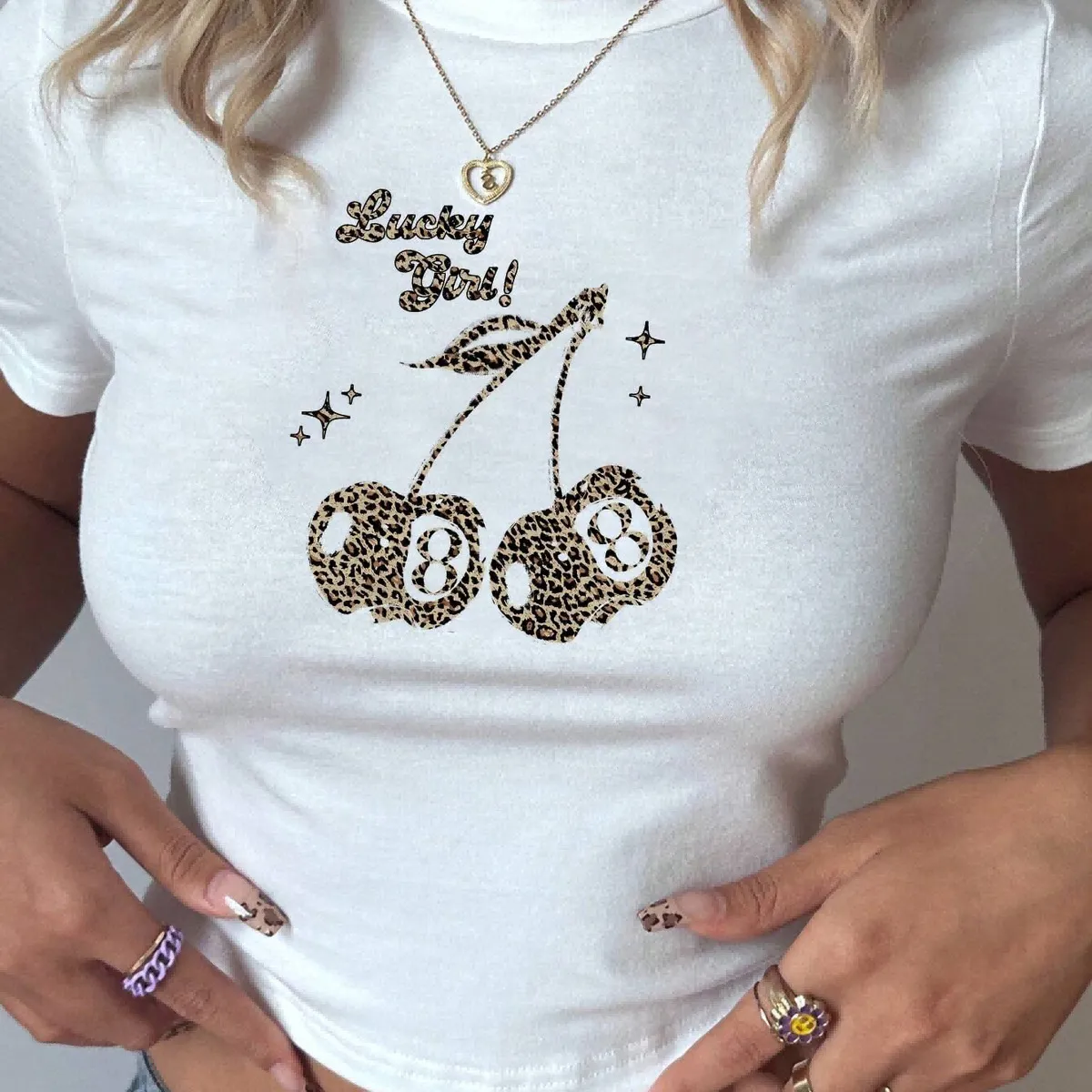 Women Fashion Sexy Cherry Print Short-Sleeve Slim-Fit Crop Top