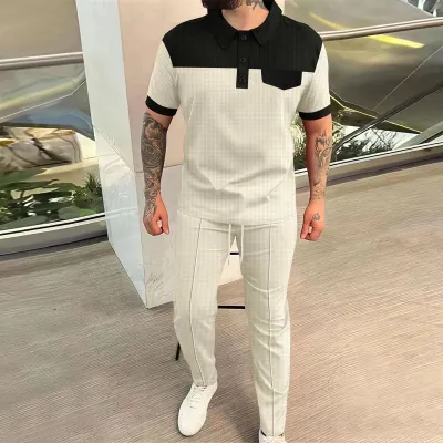 Men Casual Sports Color Matching Waffle Short Sleeve Lapel POLO Shirt Trousers Sets