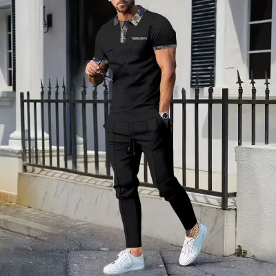 Men Casual Sports Color Matching Waffle Short Sleeve Lapel POLO Shirt Trousers Sets