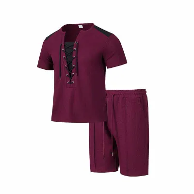 Men Casual Sports Waffle Drawstring Short Sleeve Top Shorts Sets