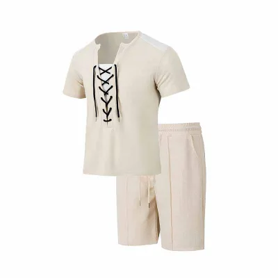 Men Casual Sports Waffle Drawstring Short Sleeve Top Shorts Sets