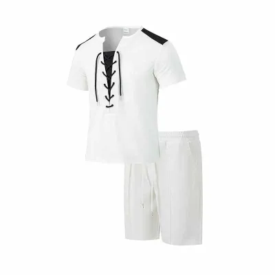 Men Casual Sports Waffle Drawstring Short Sleeve Top Shorts Sets