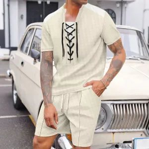 Men Casual Sports Waffle Drawstring Short Sleeve Top Shorts Sets