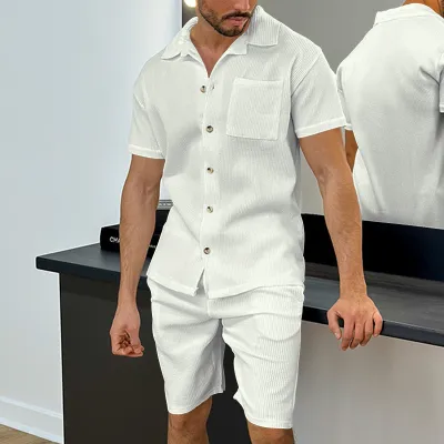 Men Casual Sports Corduroy Solid Color Short Sleeve Lapel Shirt Shorts Sets