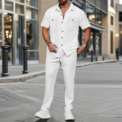 Men Casual Sports Waffle Solid Color Short Sleeve Double Pocket Lapel Shirt Trousers Sets