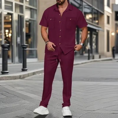 Men Casual Sports Waffle Solid Color Short Sleeve Double Pocket Lapel Shirt Trousers Sets