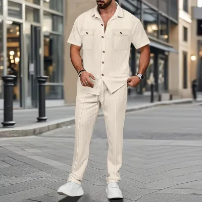 Men Casual Sports Waffle Solid Color Short Sleeve Double Pocket Lapel Shirt Trousers Sets