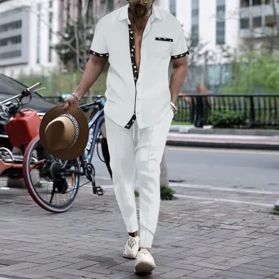 Men Casual Sports Waffle Short Sleeve Lapel Shirt Trousers Sets