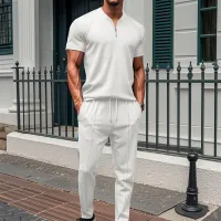 Men Casual Lapel Short-Sleeved Solid Color Waffle Polo Shirt And Shorts Two-Piece Set