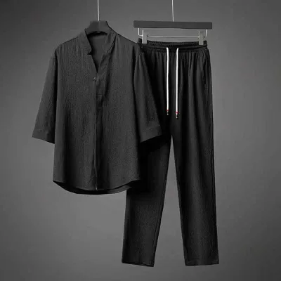 Men Casual Sports Solid Color Plus Size Short Sleeve Shirt and Trousers Sets