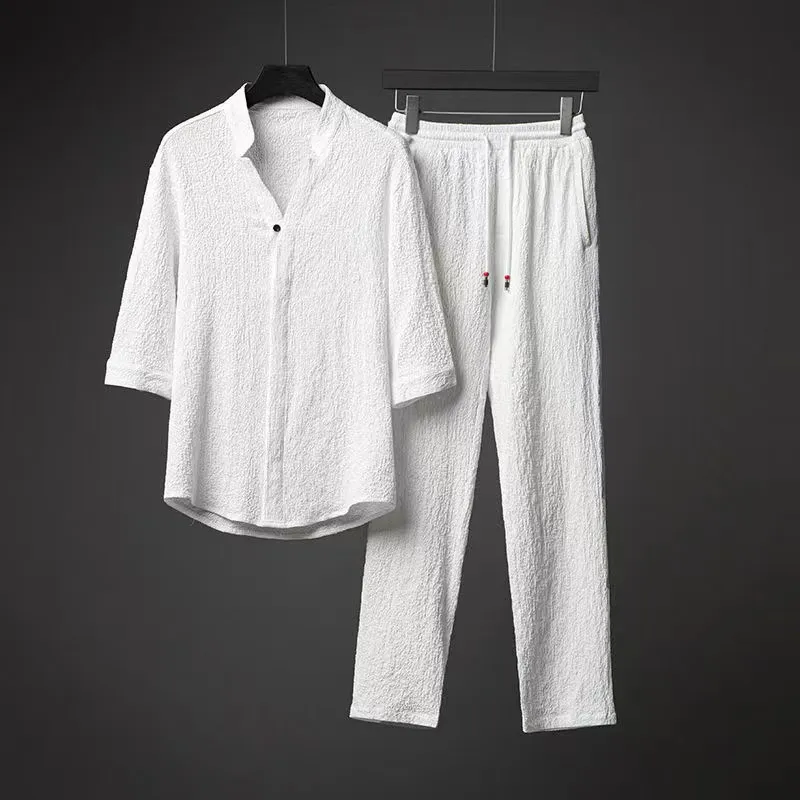 Men Casual Sports Solid Color Plus Size Short Sleeve Shirt and Trousers Sets