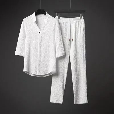 Men Casual Sports Solid Color Plus Size Short Sleeve Shirt and Trousers Sets