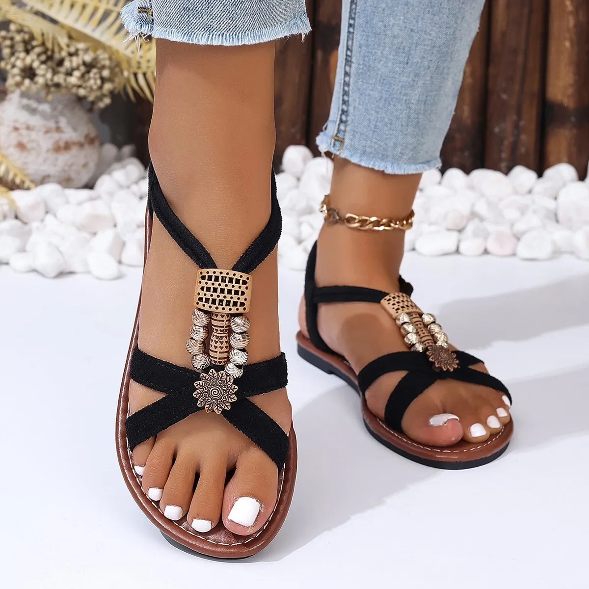 Women's Bohemian Beaded Peep Toe Flat Sandals for Vacation Plus Size